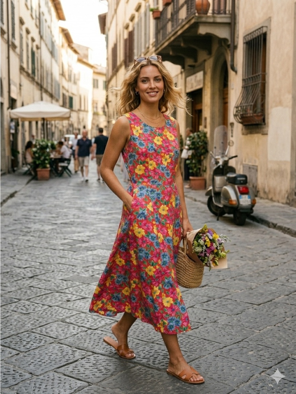 Talbots Maggy London Sleeveless Floral Midi Dress in Red, Yellow Blue 100% SILK